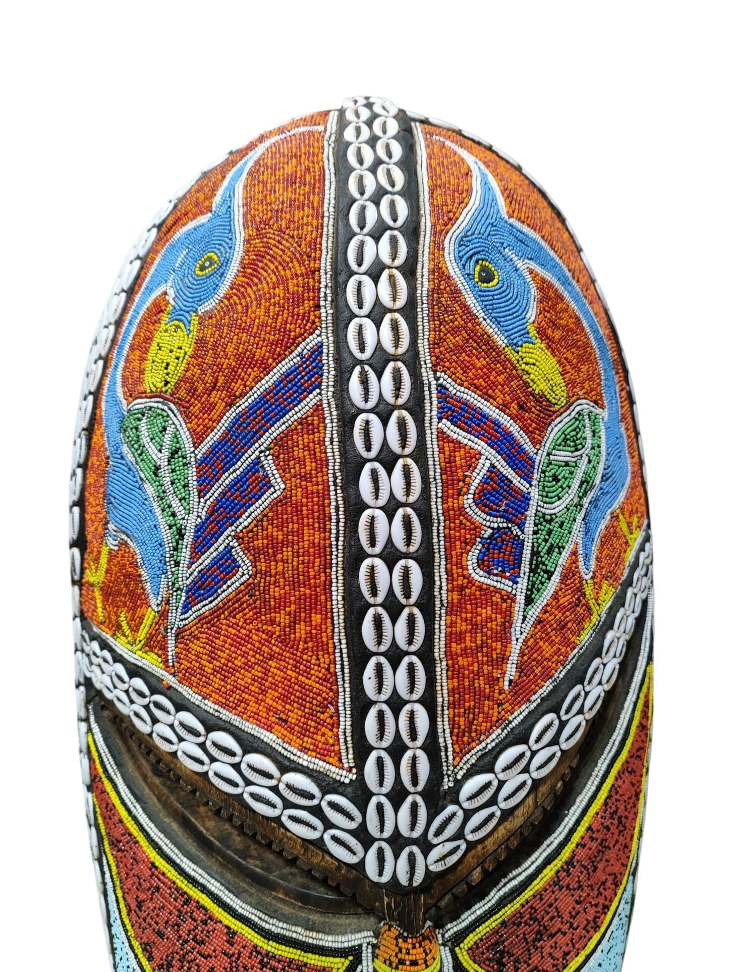 #6835  Large African  Beaded Ghana Bakota Hand Carved  Mask Wall Art 30.5" H