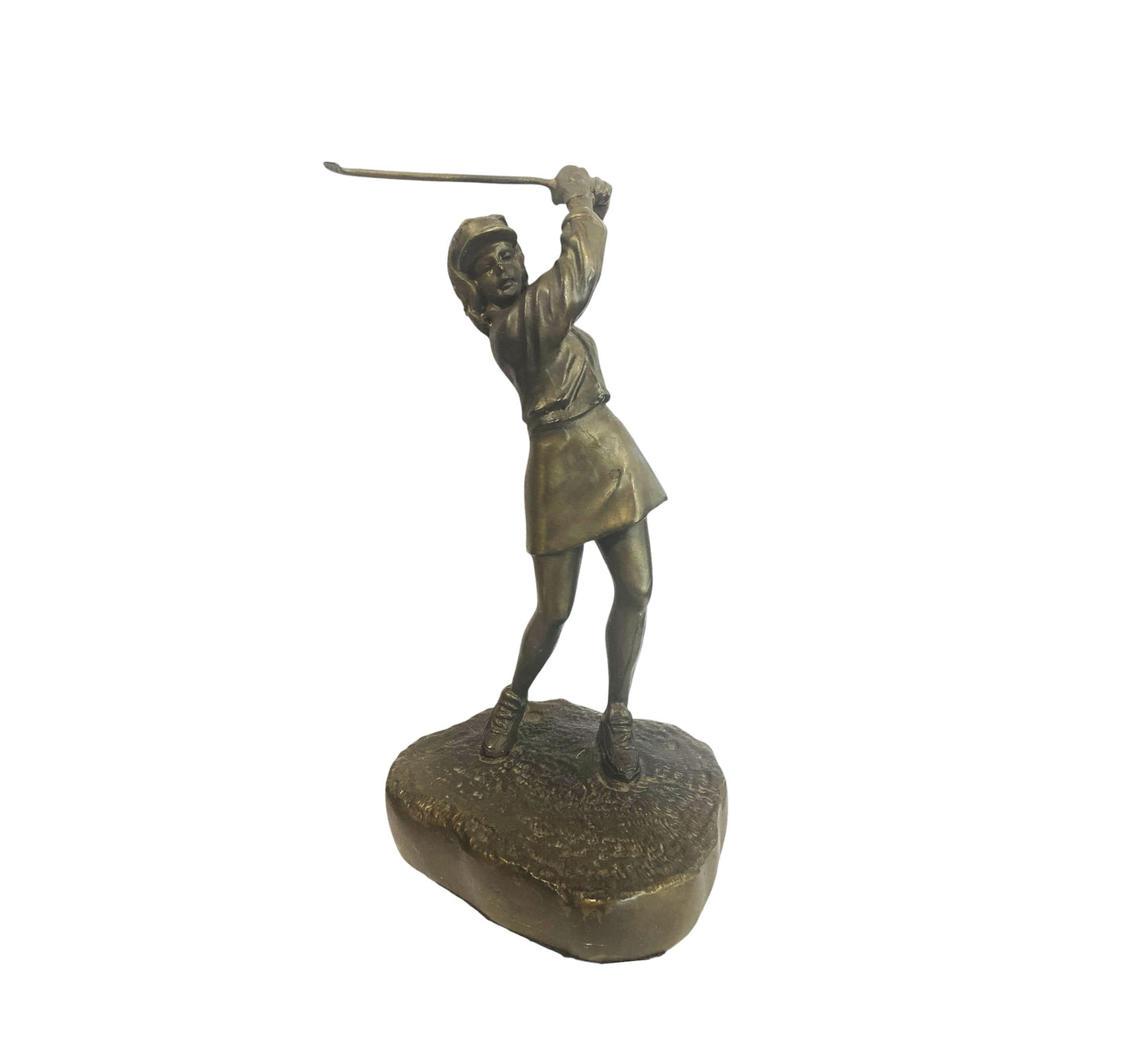 #90 Vtg Bronze Sculpture 9" Female Golfer on Base