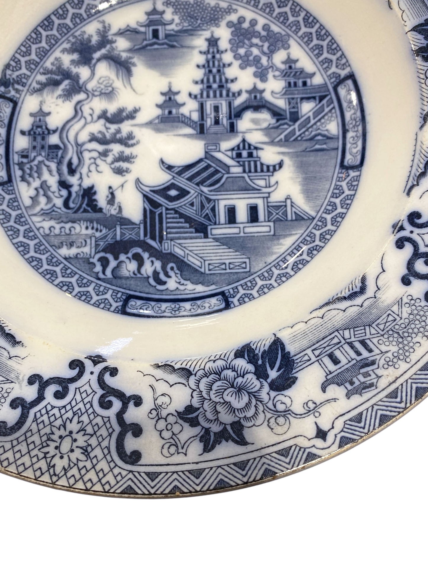#653 Antique  Blue& White Willow SHANGHAI Ironstone  Soup Plate 8.5" D