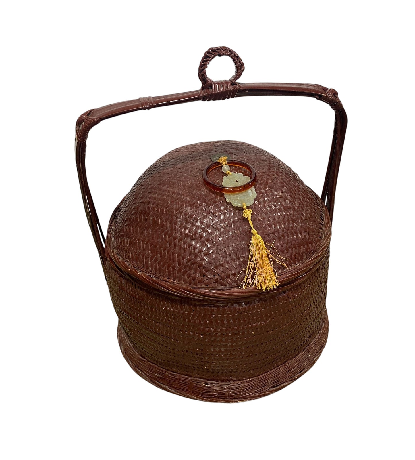 #661 Vintage chinoiserie woven wicker storage basket 17"