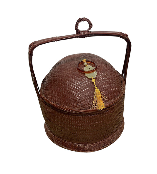 #661 Vintage chinoiserie woven wicker storage basket 17"