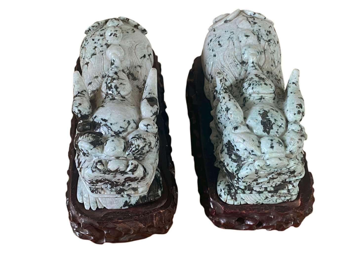 #425 Vintage LG Pair of Jadeite Jade foo /Fortune dogs on Stand 9" W