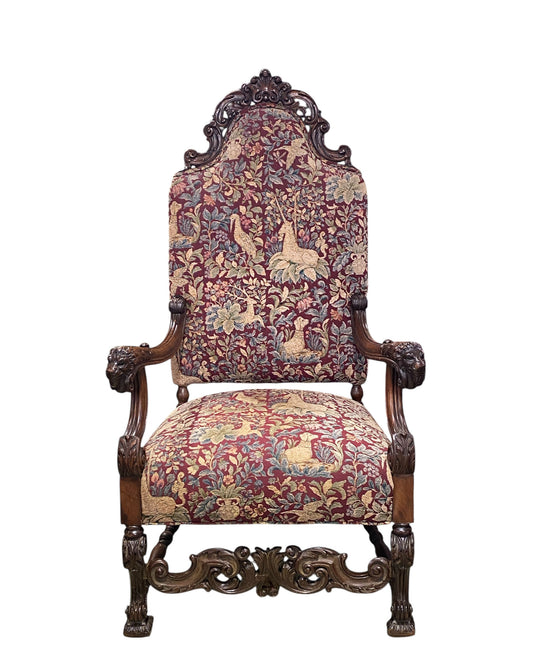 #208 Late 19th c Renaissance Style  Unicorn and Lion Head   Hall Throne Chair