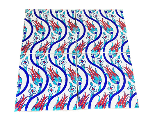 #671 Turkish Iznik Red Tulip & Blue Floral Pattern Ceramic Tile