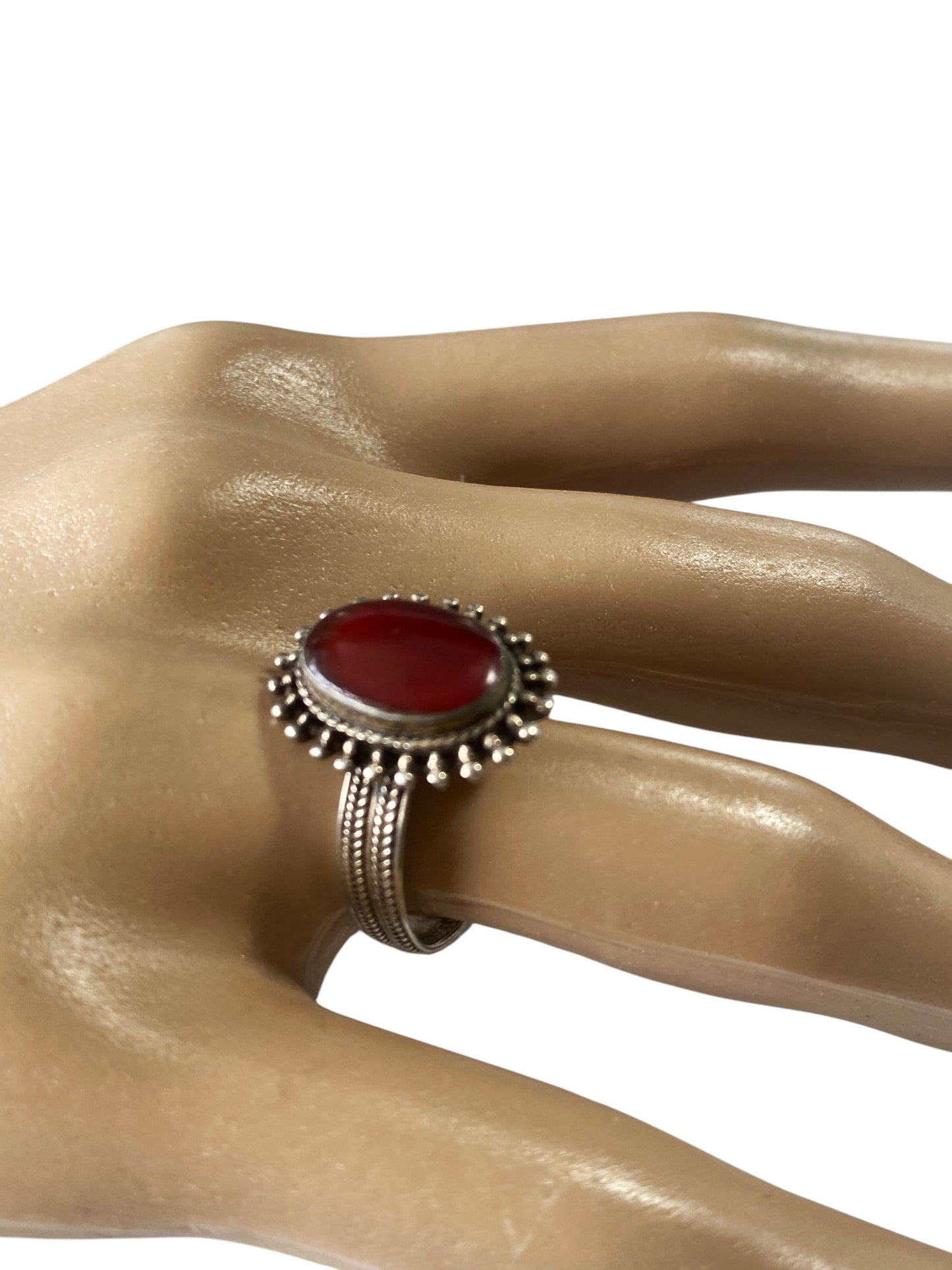 #6331 Vintage  Silver With Garnet Stone  Ring  Size 7 Jaipur India