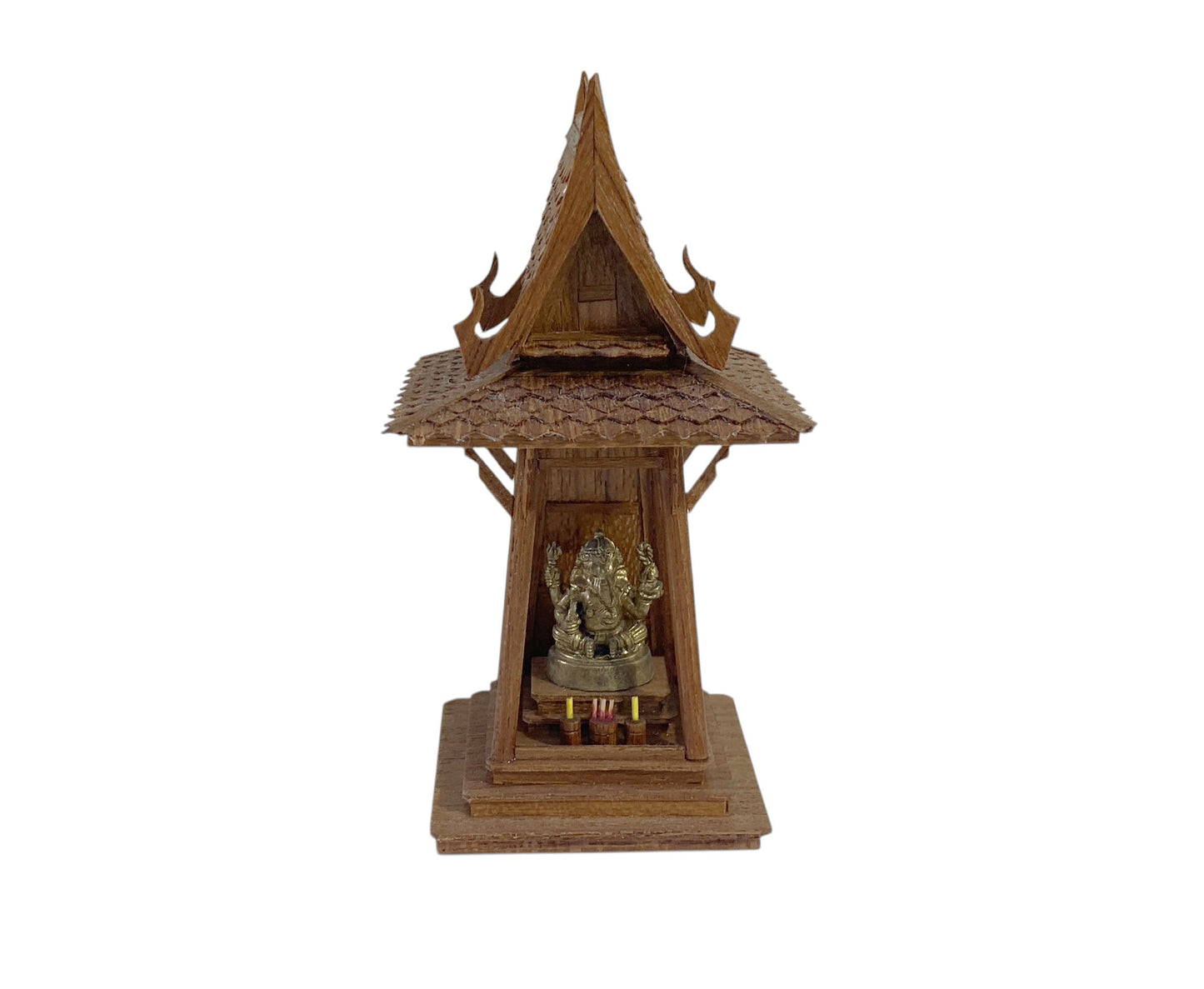 #6340 Thai Spirit House Hand Carved Teak Wood Buddhist Temple  W/ Bronze Ganesh