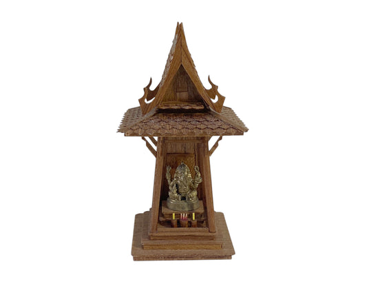 #6340 Thai Spirit House Hand Carved Teak Wood Buddhist Temple  W/ Bronze Ganesh