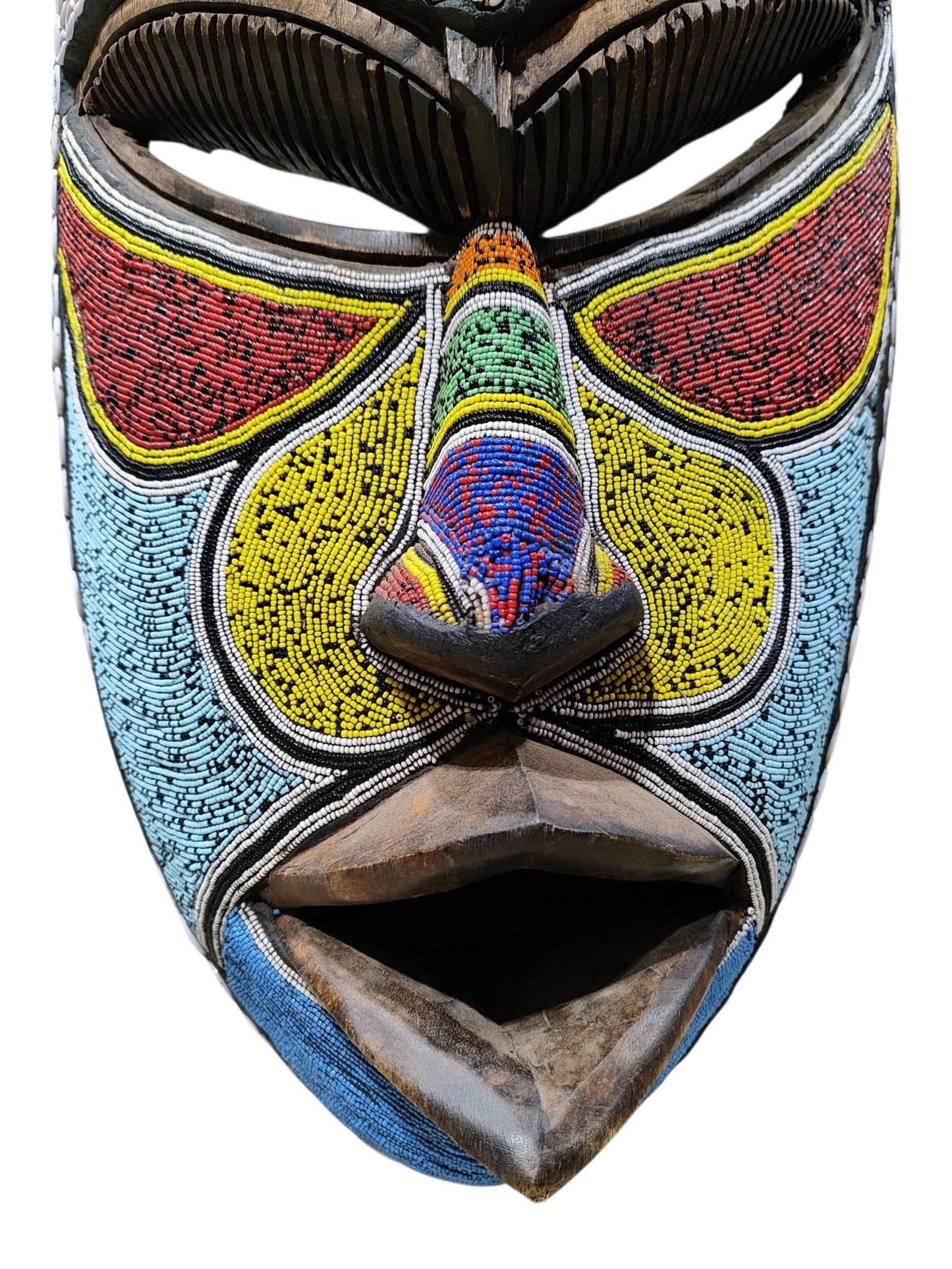 #6835  Large African  Beaded Ghana Bakota Hand Carved  Mask Wall Art 30.5" H