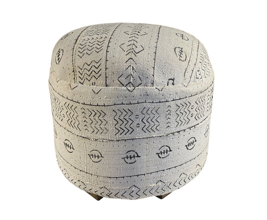 #641 LG Ottoman in African Malian White & Black Mud Cloth  Textile  17" h