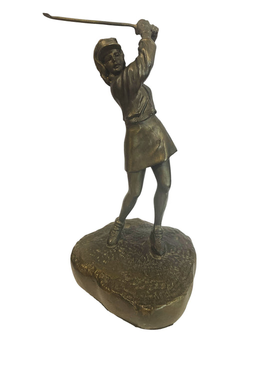 #90 Vtg Bronze Sculpture 9" Female Golfer on Base
