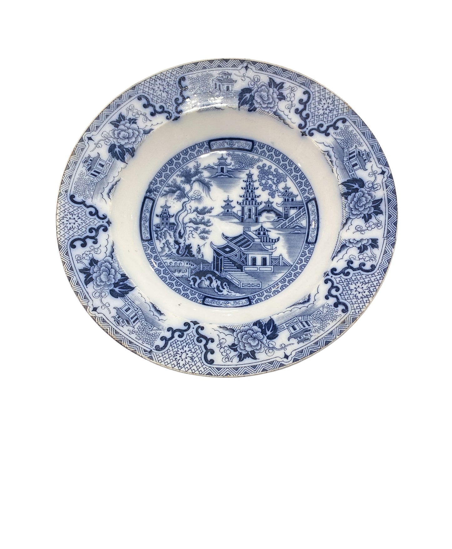 #653 Antique  Blue& White Willow SHANGHAI Ironstone  Soup Plate 8.5" D