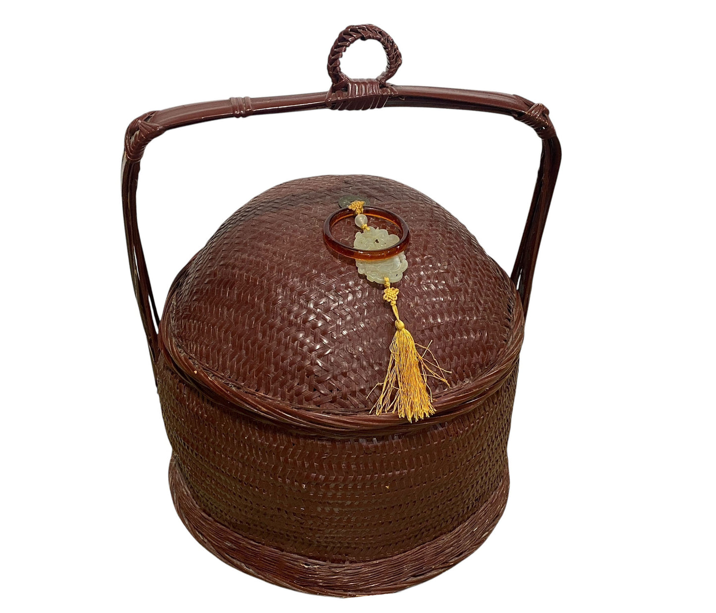 #661 Vintage chinoiserie woven wicker storage basket 17"