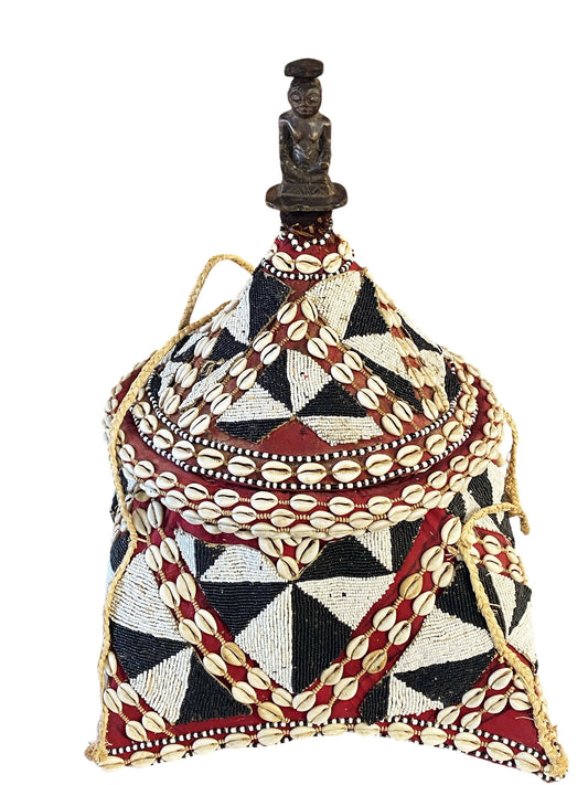 #1124 Vintage Large Kuba Royal Beaded Basket Congo 22" H