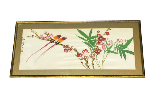#6021 Vintage Chinoiserie Hand Painted Silk Framed  30" W