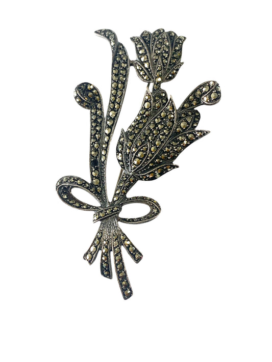 #6334 Vintage  Silver Marcasite Pave Crystal Two  Stemmed  Tulip Flowers  Brooch 2.75" H