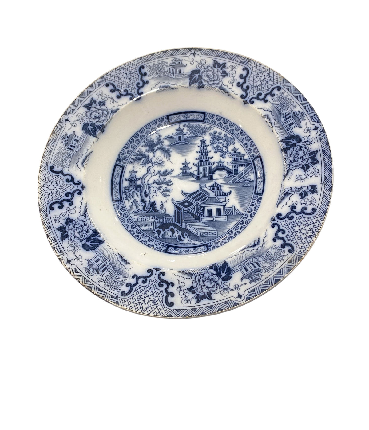 #653 Antique  Blue& White Willow SHANGHAI Ironstone  Soup Plate 8.5" D