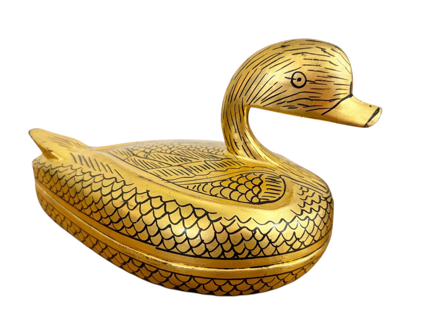 #631 Vintage Burmese Gold Painted Wood Lacquered Duck Trinket Box