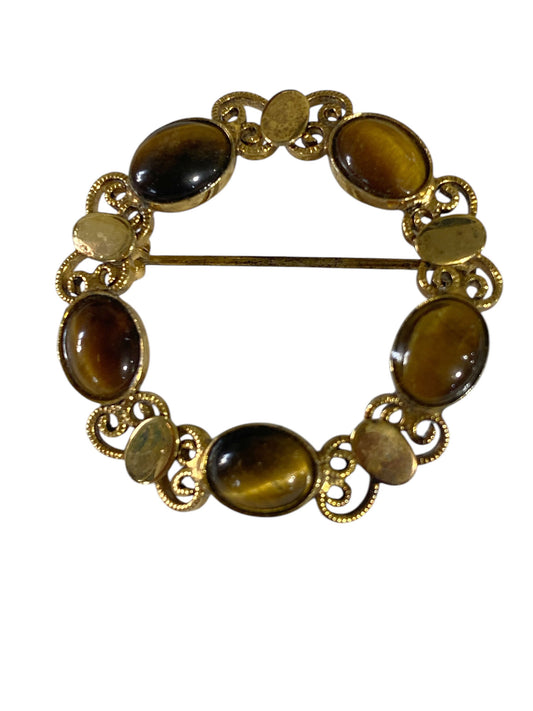 #6301  Tigers Eye Style Garland Wreath  Gilt Pin Brooch 1.25" D