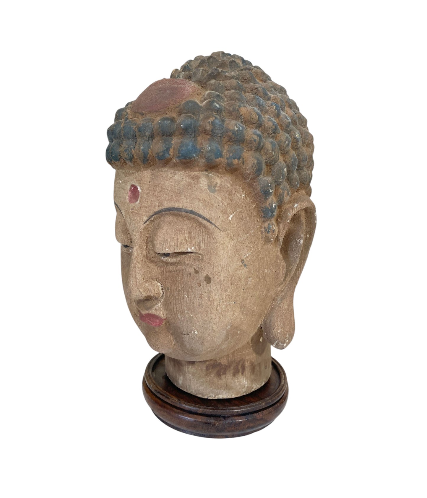 # 6355 Vintage  Asian Carved Wood  Gautama Buddha Head 9" H w/stand