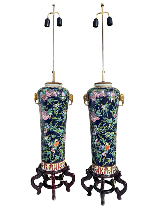 #6416 Vintage Pair of Chinoiserie Porcelain Famille Rose lamps on stands  39" H