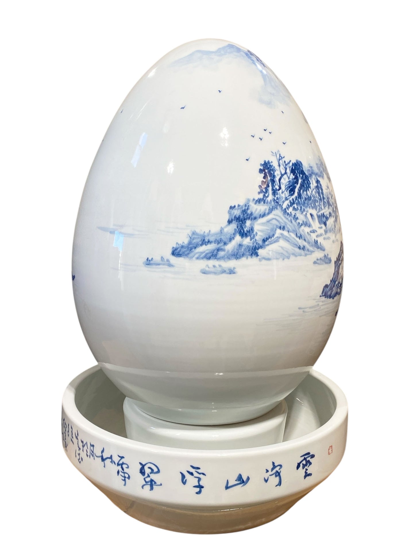 #7454 Chinoiserie Blue and White Egg Shaped Water Fountain 23" H