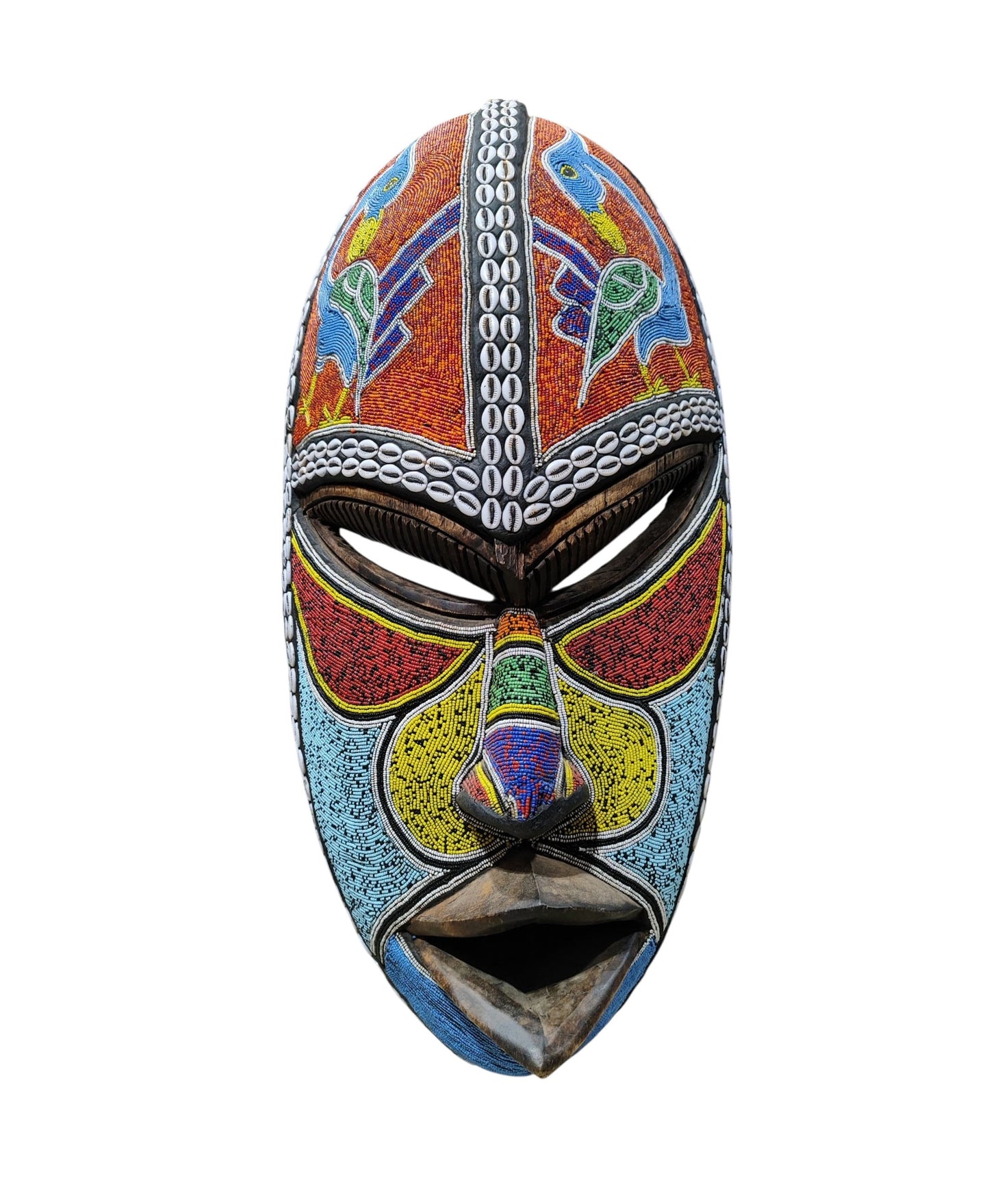 #6835  Large African  Beaded Ghana Bakota Hand Carved  Mask Wall Art 30.5" H