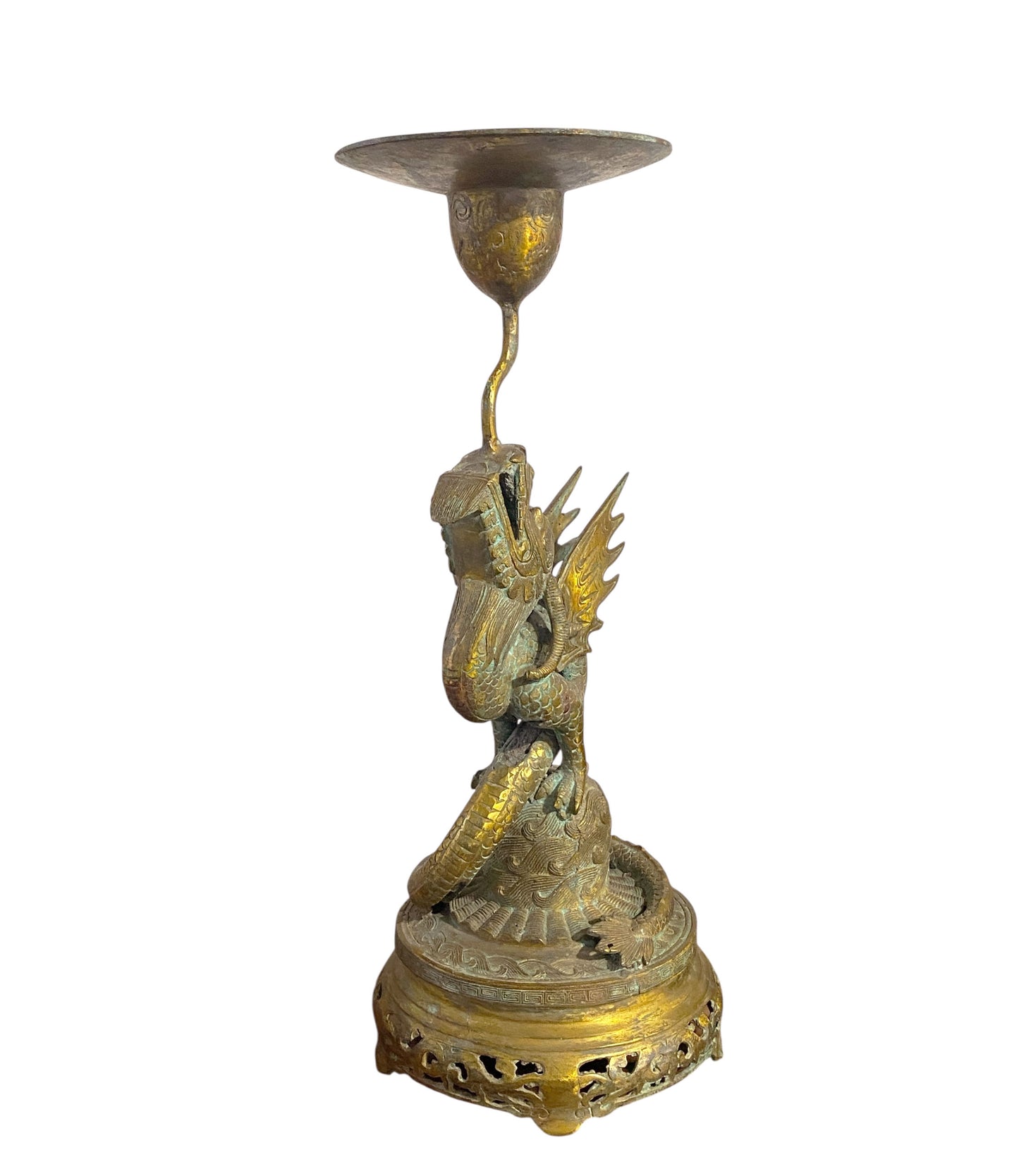 #6595 Vintage Chinoiserie Bronze Candle Holder With Dragon 17" H