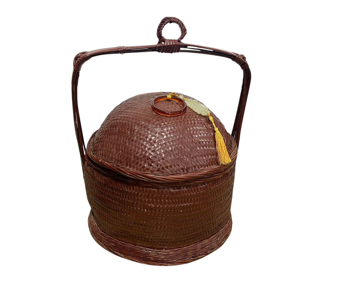 #661 Vintage chinoiserie woven wicker storage basket 17"