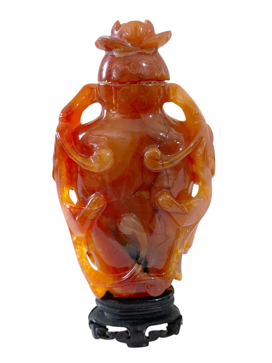 #671 Chinese Old Carved Carnelian Agate Urn / Snuff  Bottle 4.25' H