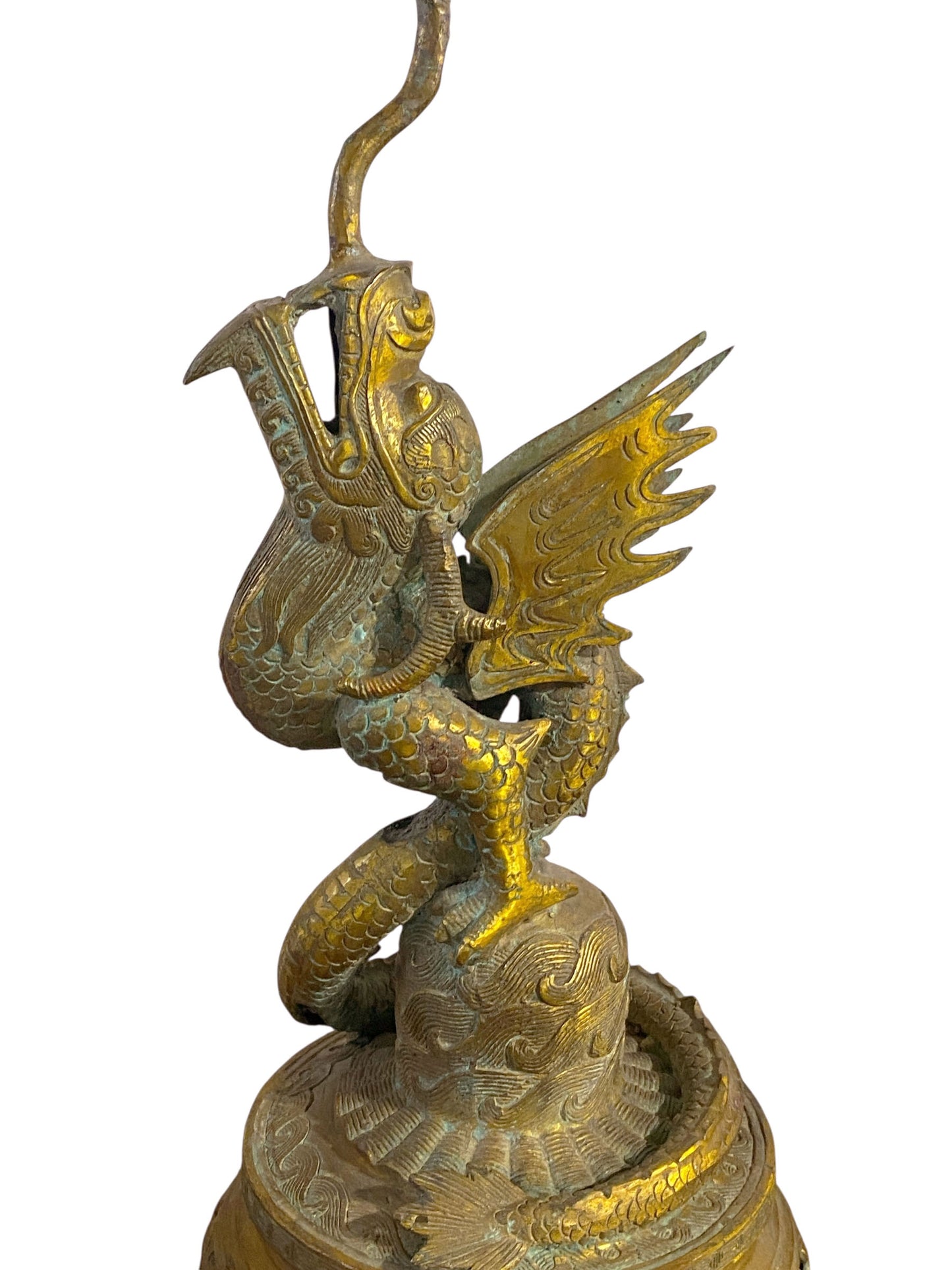 #6595 Vintage Chinoiserie Bronze Candle Holder With Dragon 17" H