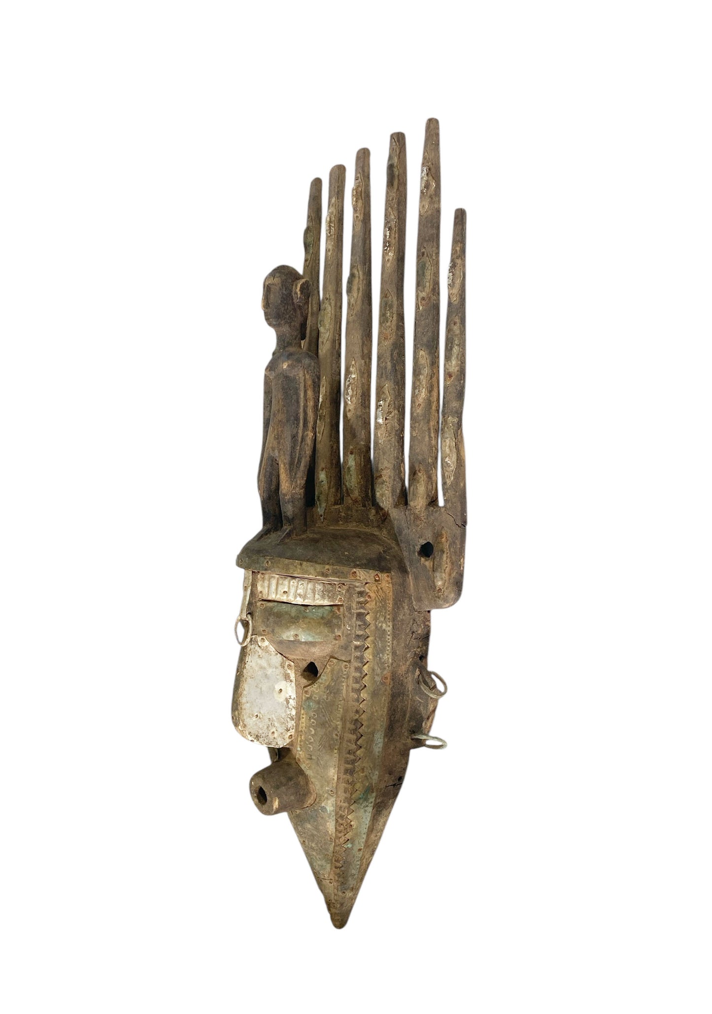 #1171 Vintage  African Bamana Ntomo Marka Mask W/ Aluminum 29.5" H