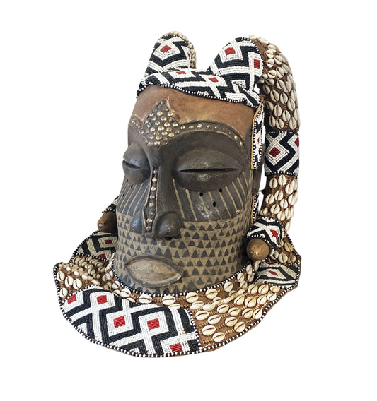 #6807 Vintage Large African Tribal Kuba Royal Head Mask Congo 15" H