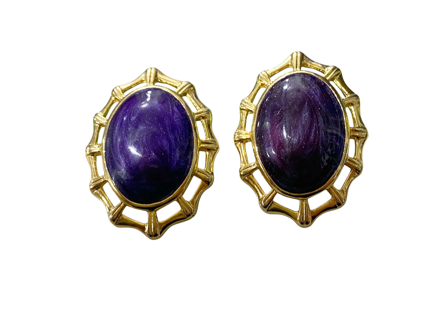 #78 Vintage Large Clip on Oval Purple & Gold Tone Chunky Earrings  Retro Statement