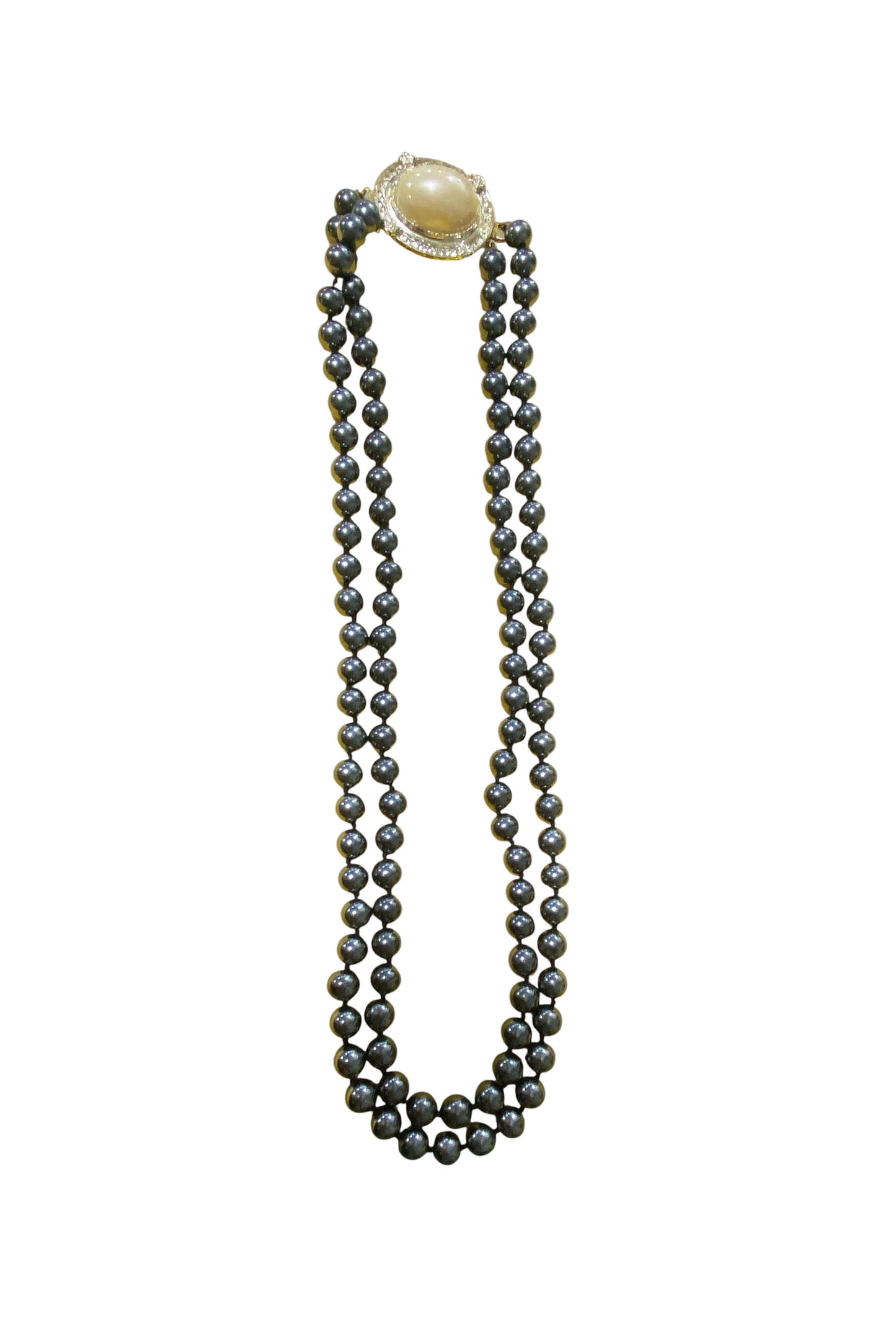 #22 Long Vintage two Strand Faux Black Pearl with Beige  Focal Necklace
