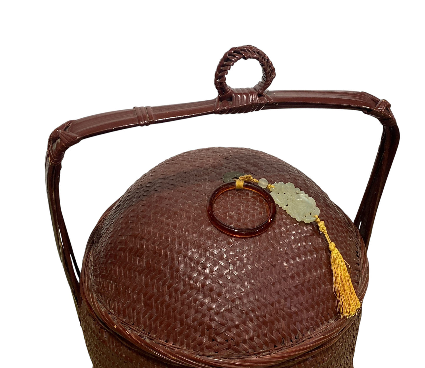 #661 Vintage chinoiserie woven wicker storage basket 17"