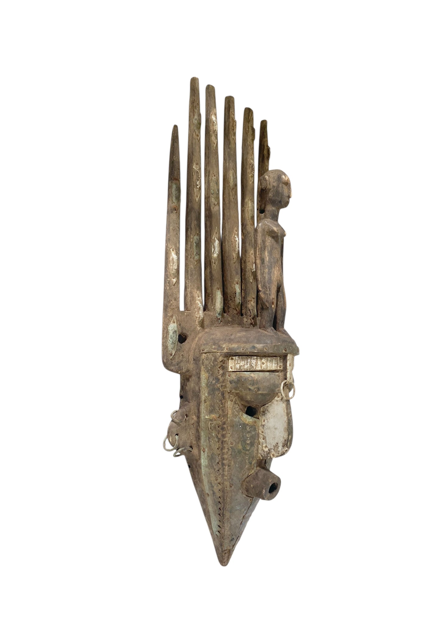 #1171 Vintage  African Bamana Ntomo Marka Mask W/ Aluminum 29.5" H