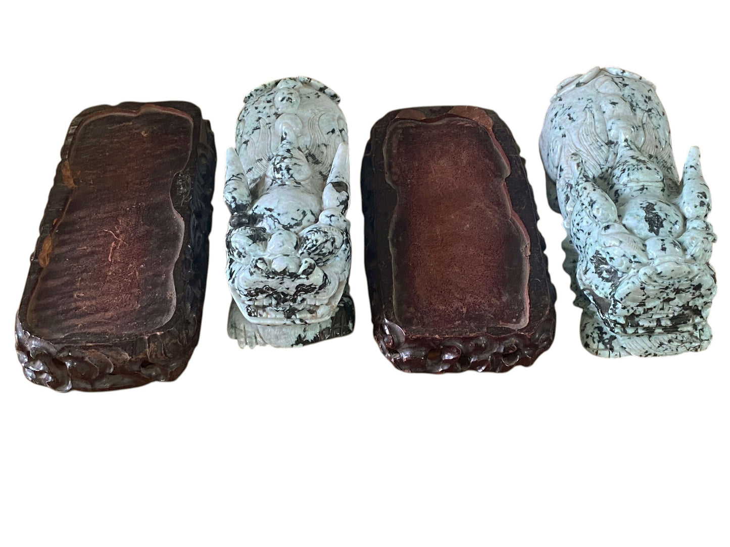 #425 Vintage LG Pair of Jadeite Jade foo /Fortune dogs on Stand 9" W