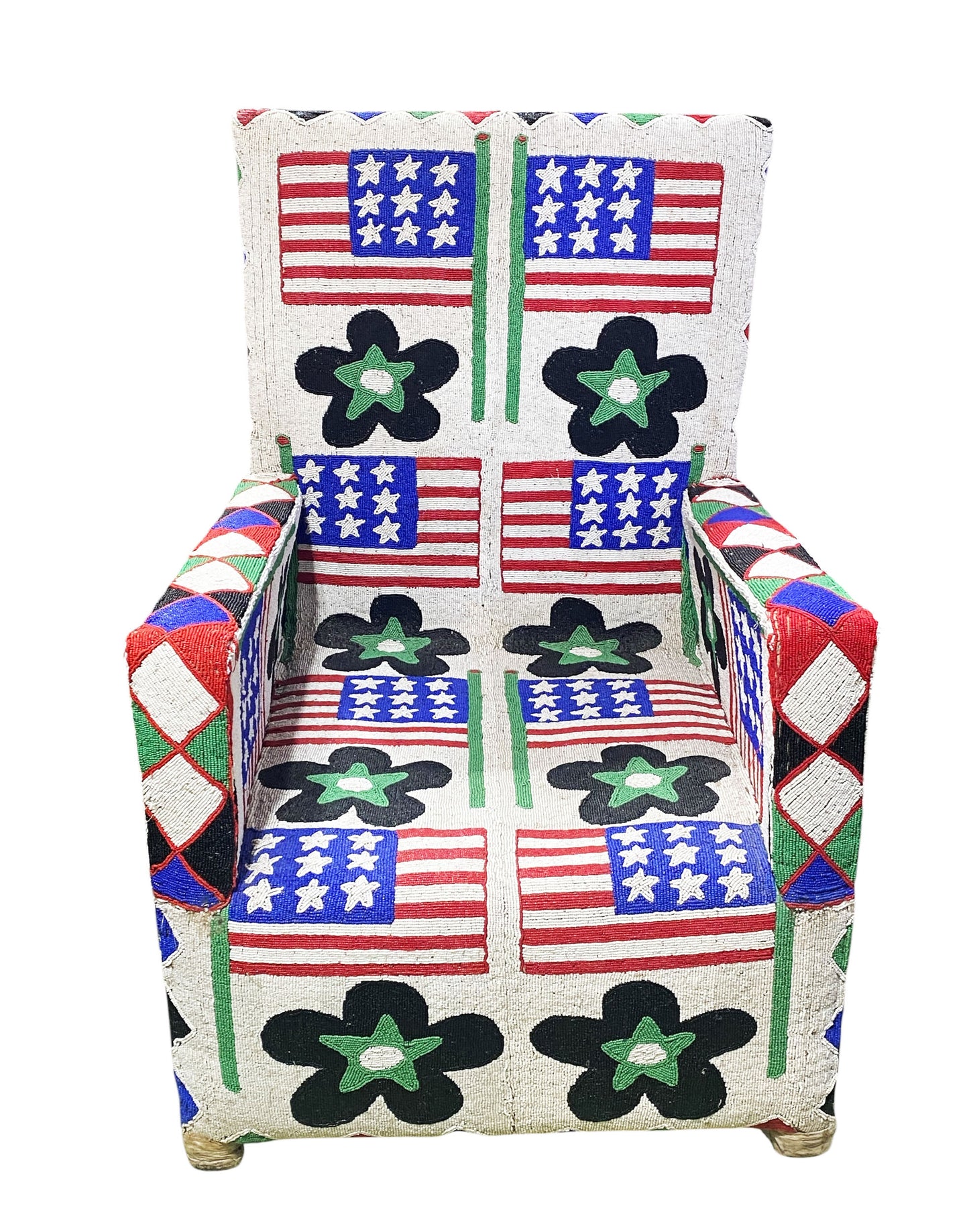 #1141 Vintage  African Nobility Nigerian Yoruba Beaded ArmChair W/ Stylized American flags.