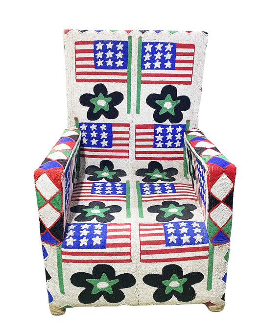 #1141 Vintage  African Nobility Nigerian Yoruba Beaded ArmChair W/ Stylized American flags.