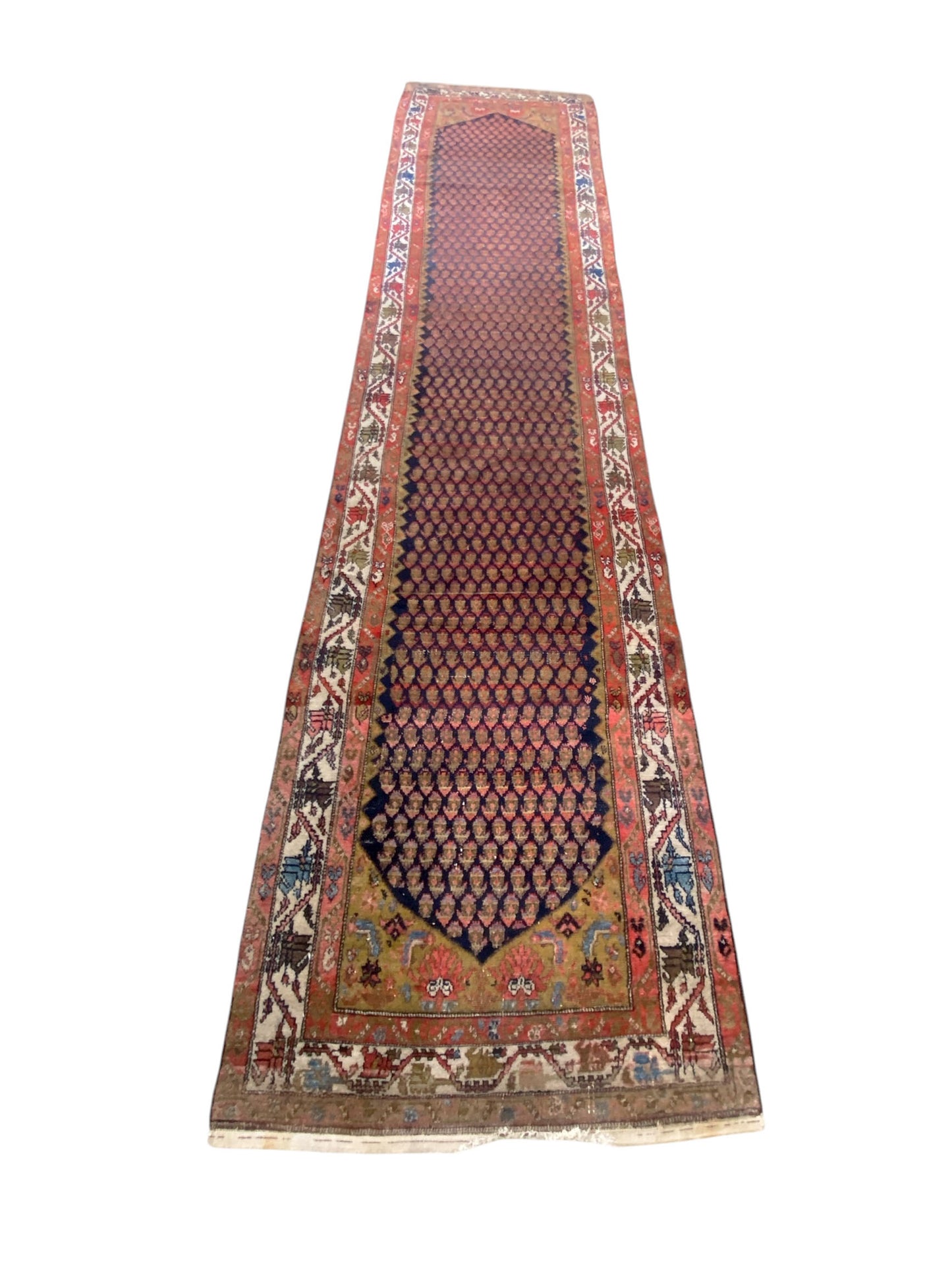 #535 Antique Malayer Paisley Design Runner in Red, Orange, and Blue 3'8 by 16'