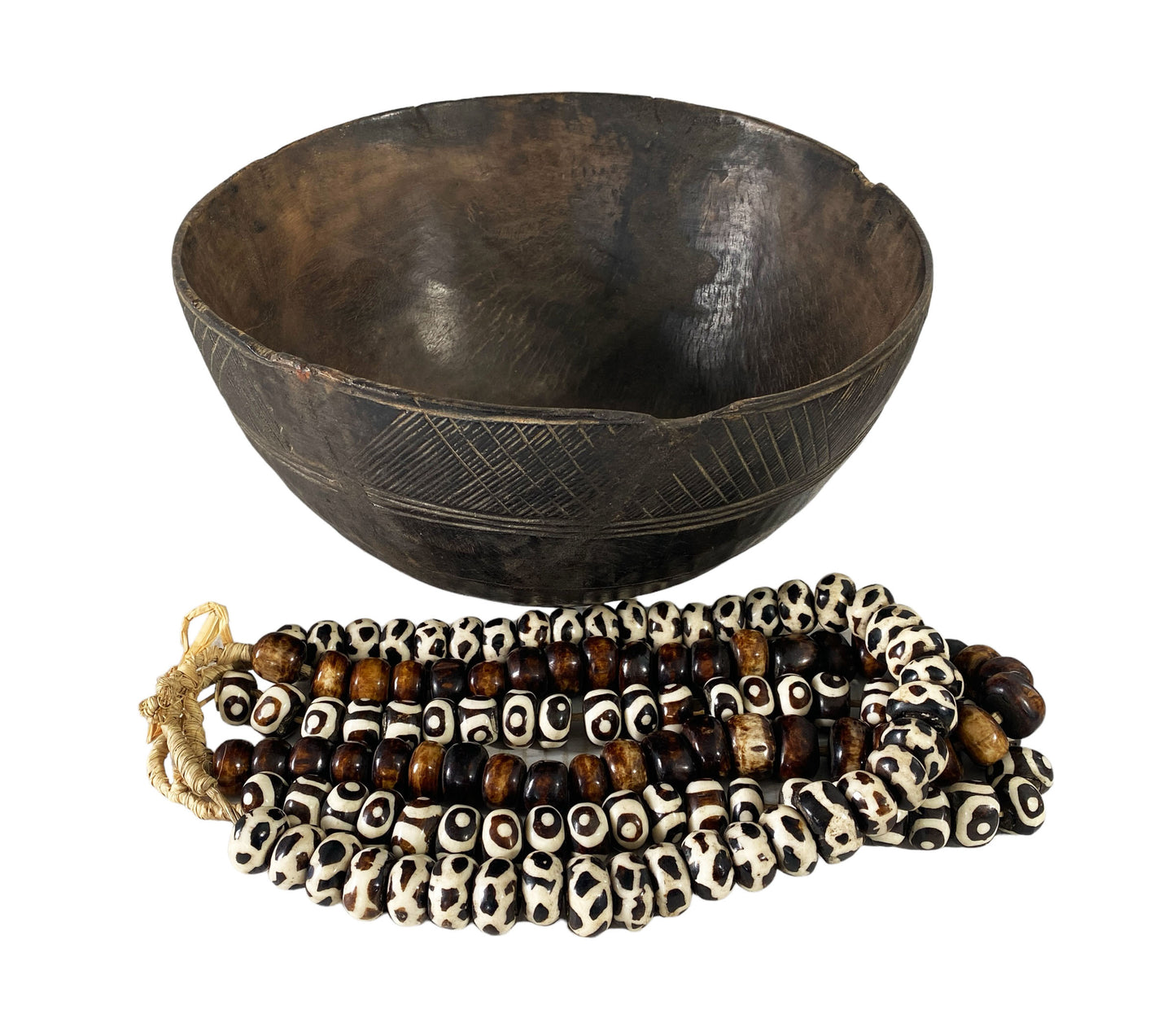 #7136 African Hausa  Wooden Bowl From Niger W/ Beads 12" D