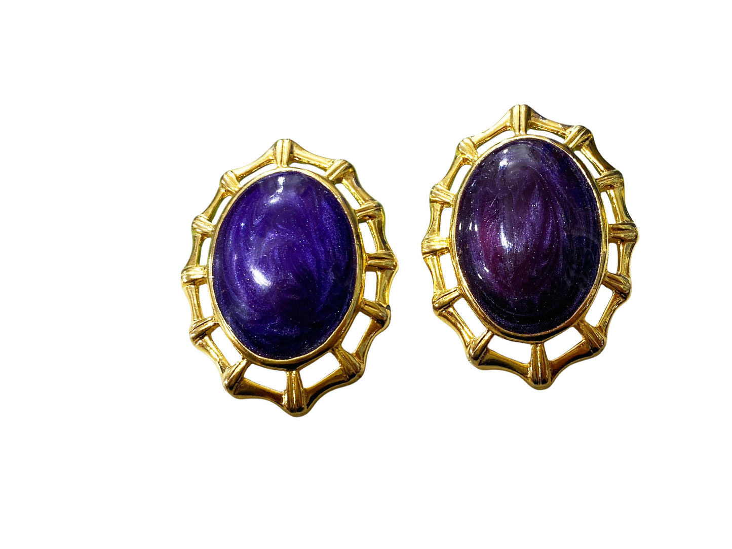 #78 Vintage Large Clip on Oval Purple & Gold Tone Chunky Earrings  Retro Statement