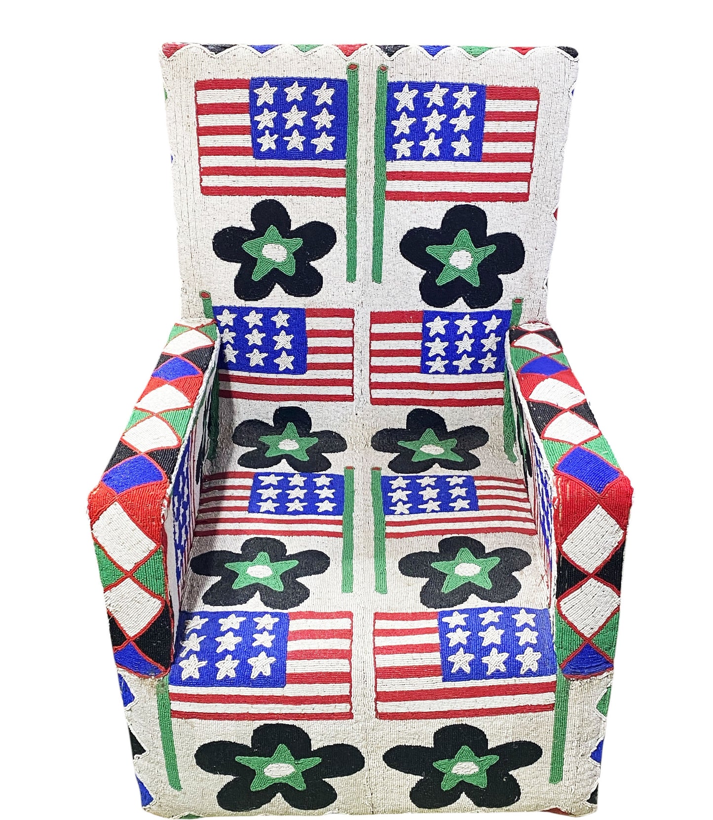 #1141 Vintage  African Nobility Nigerian Yoruba Beaded ArmChair W/ Stylized American flags.
