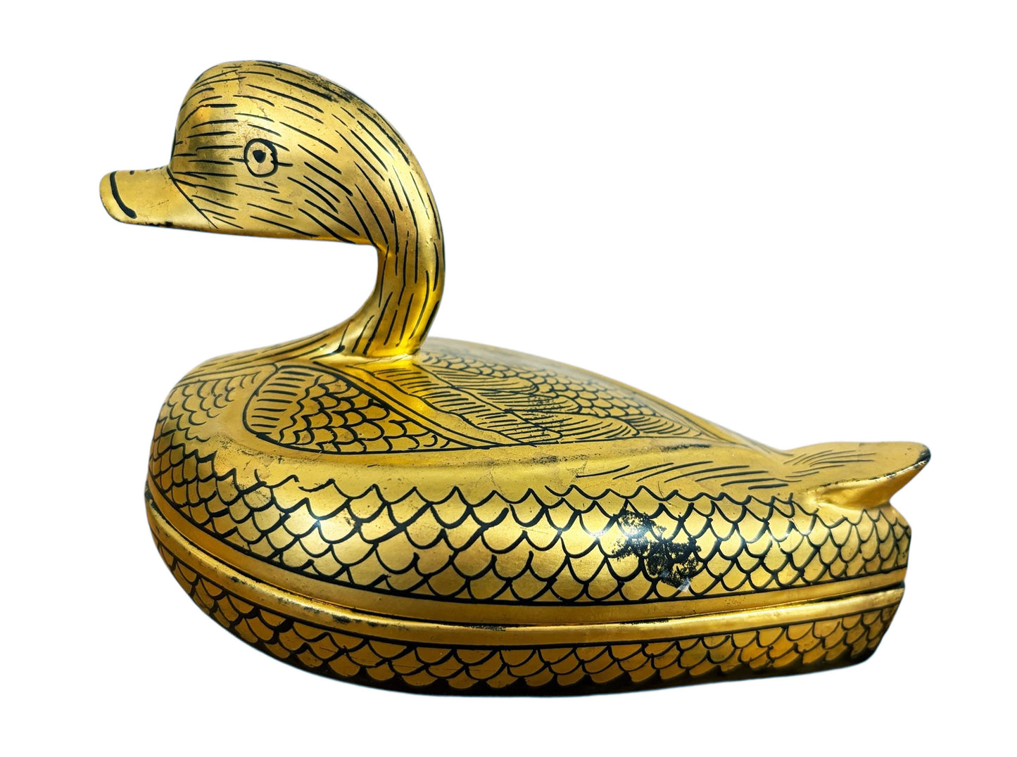 #631 Vintage Burmese Gold Painted Wood Lacquered Duck Trinket Box