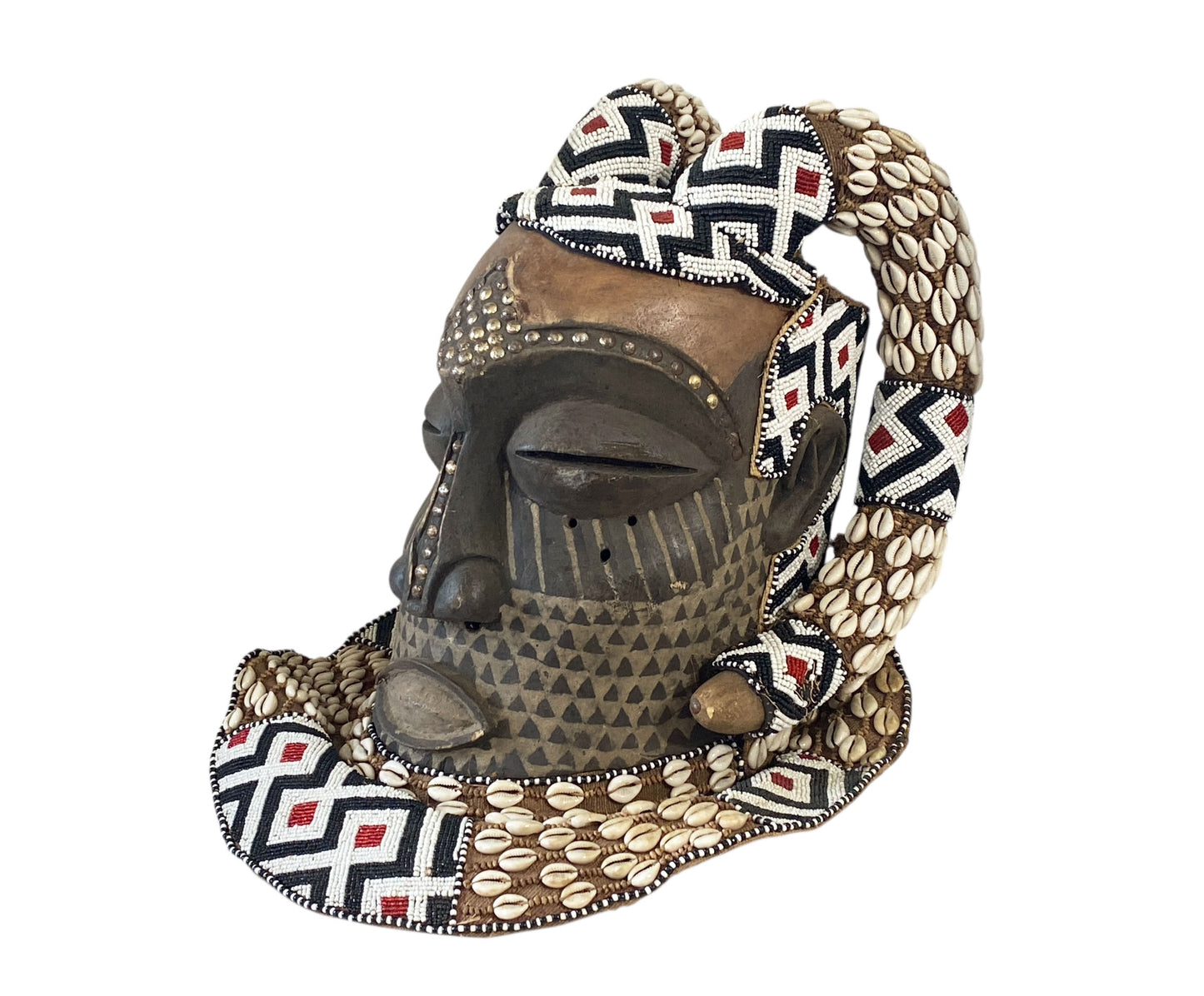 #6807 Vintage Large African Tribal Kuba Royal Head Mask Congo 15" H