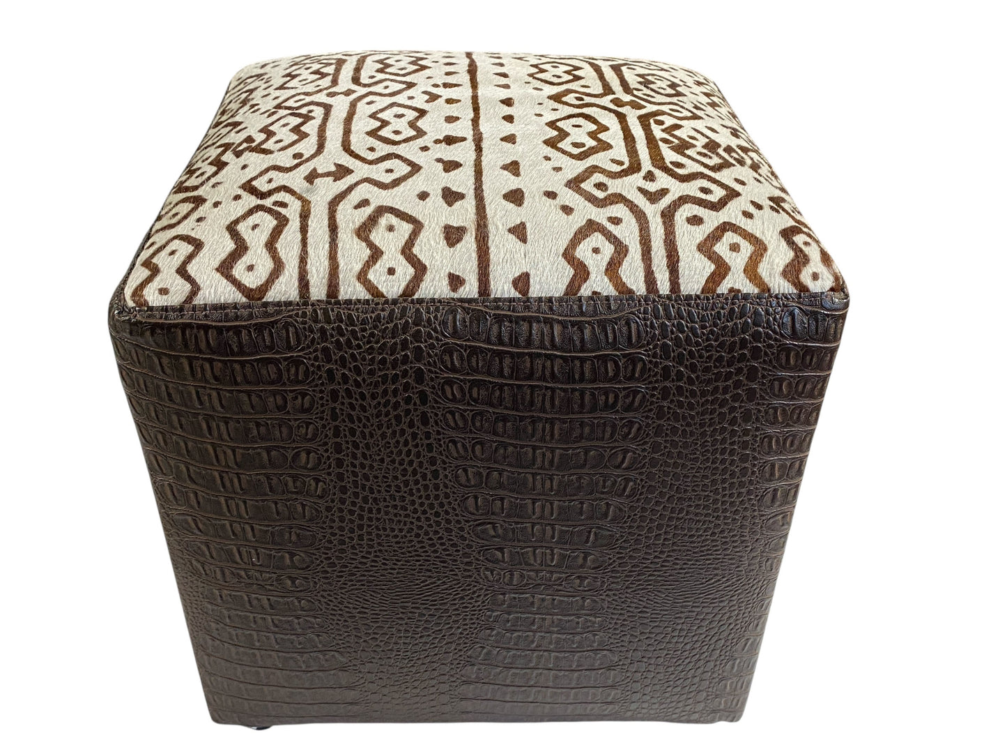 #7341 Custom Made Square Brown and White Ottoman w/Leather Top 13.5" H