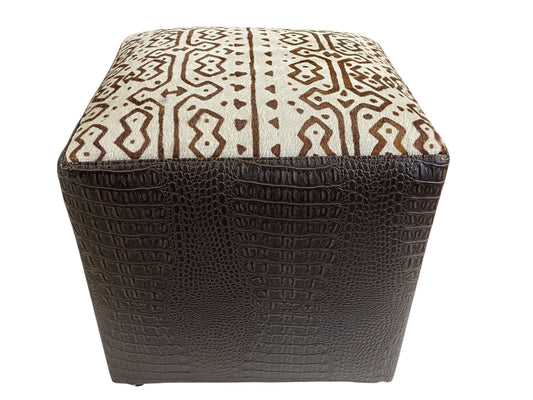 #7341 Custom Made Square Brown and White Ottoman w/Leather Top 13.5" H