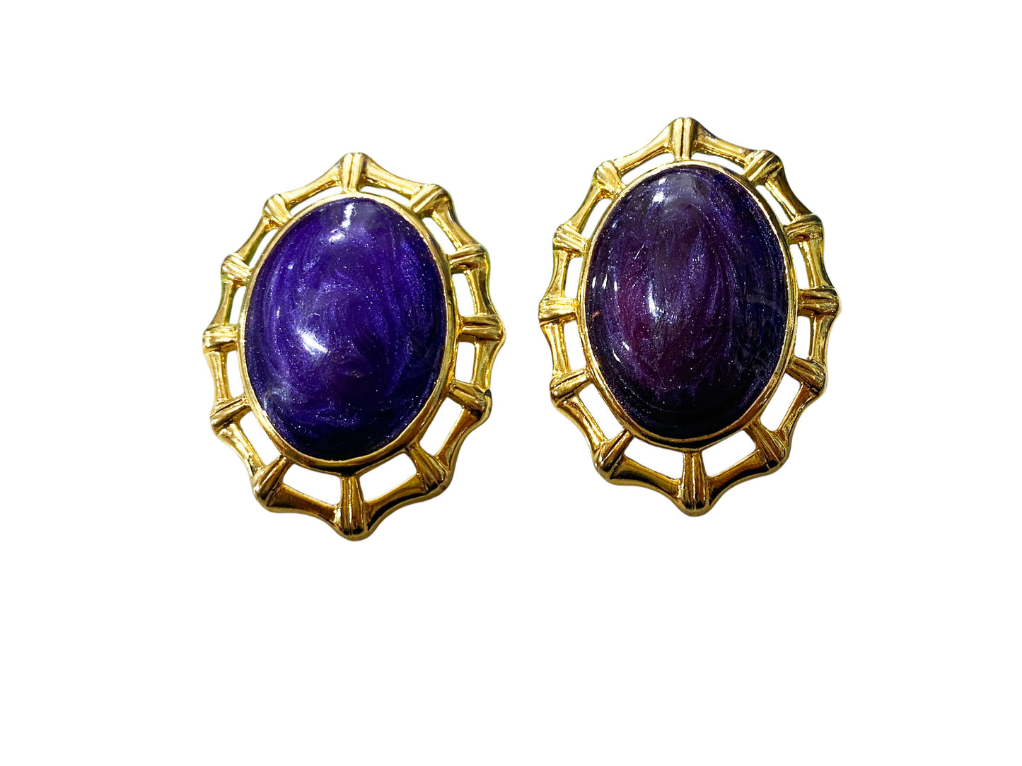 #78 Vintage Large Clip on Oval Purple & Gold Tone Chunky Earrings  Retro Statement