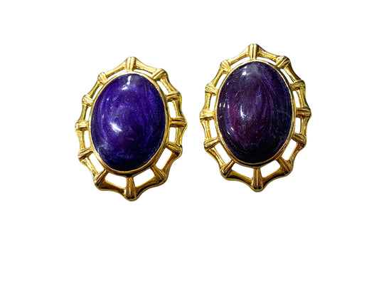 #78 Vintage Large Clip on Oval Purple & Gold Tone Chunky Earrings  Retro Statement