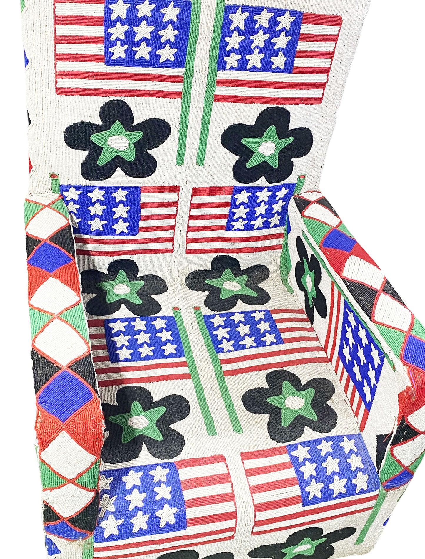#1141 Vintage  African Nobility Nigerian Yoruba Beaded ArmChair W/ Stylized American flags.